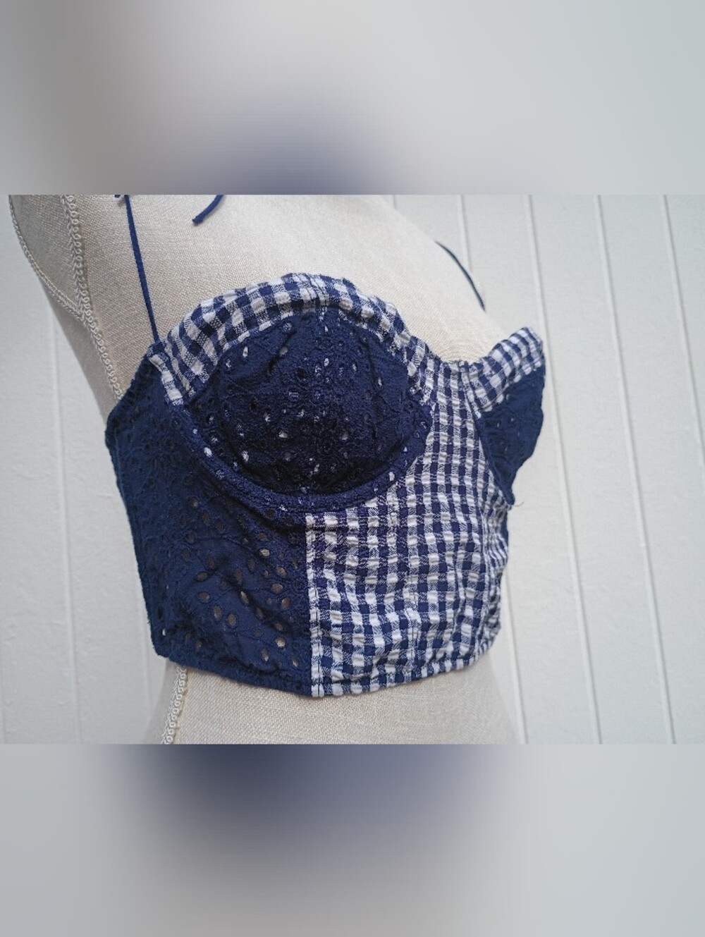 🫐 Feminine Navy Blue and White Gingham Plaid Eyelet Smocked Bustier Crop Top